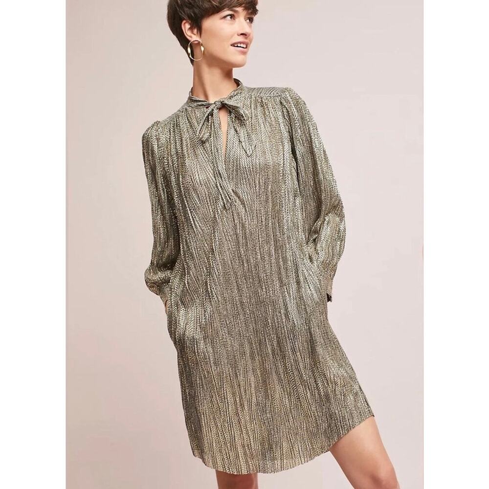 Sabina Musayev Gold Shimmer Tie Neck Tunic Dress with Pockets Size Medium